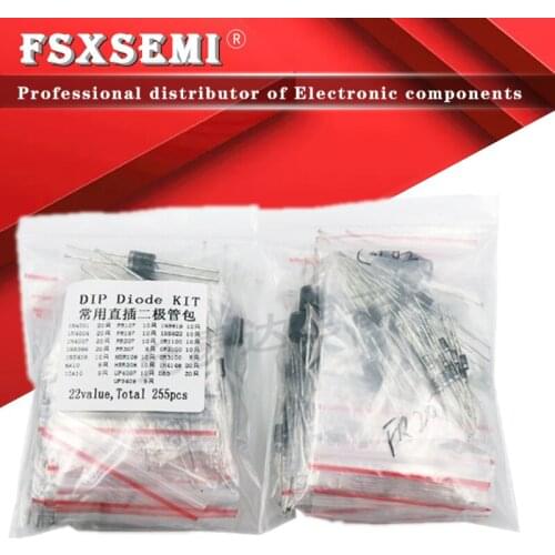 22values=255pcs Fast Switching Rectifier Schottky Diode Kit 1N4001 1N4004 1N4007 1N5408 UF4007 FR307 1N5819 1N5822 6A10 10A10