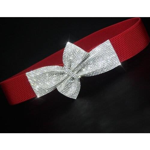 Summer Fashion Women Wine Red Black Rhinestone Bow Patchwork Elastic Waist Belt , Spirng Fall Female Woman Dress Skirt Waistband