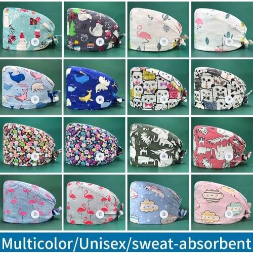 Unisex Working Medical Caps Pet Clinic Nurse Scrubs Hats Animal Printing Caps Sweatband Adjustable Dentist Work Hats Wholesale