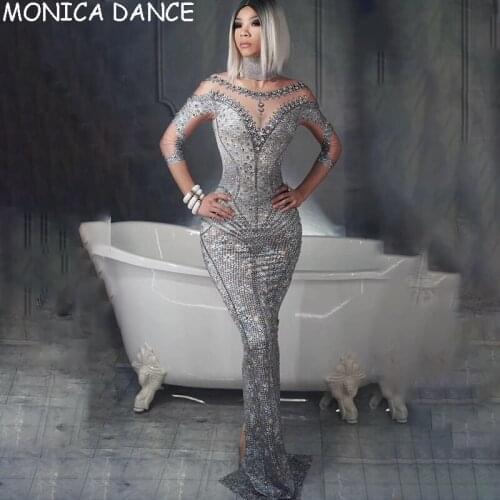 Nightclub Sexy Crystals Rhinestones Women Prom Dress Stretch Half Sleeve Mermaid Dress Ladies Silver Floor Length Stage Dress