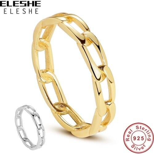 ELESHE Authentic 925 Sterling Silver Fine Rings 18K Gold Plated Chunky Chain Ring Link Twisted Geometric Rings for Women Gift