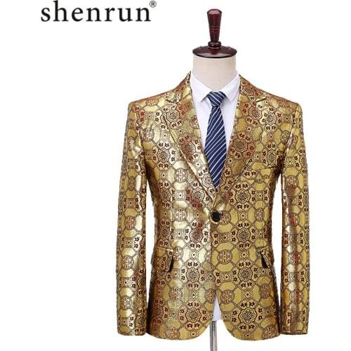 Shenrun Men Blazers Gold Floral Pattern Slim Casual Suit Jacket Groom Jacket Singers Host Drummer Blazer Stage Costume Plus Size