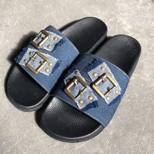 Women Summer New Denim metal button Slippers Home Indoor Fashion Slides Flat Flip-flops Female Non-slip Beach Slippers xx306