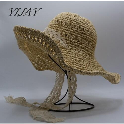 Women summer large brim foldable sun hats handmade crochet straw beach hat sun protection hat female with long strap