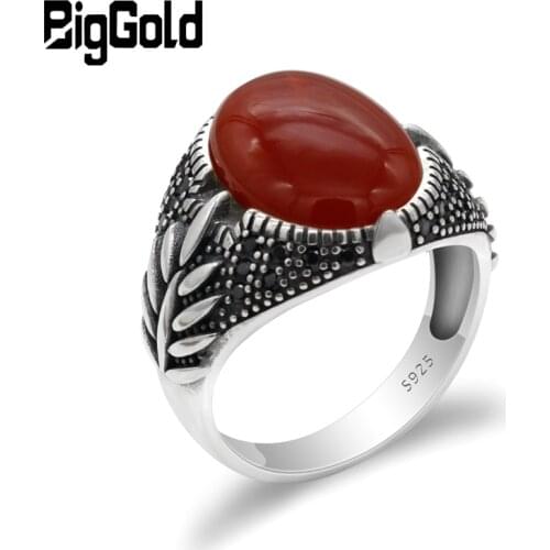 Turkish Men Ring 925 Sterling Silver Oval Red Onyx Stone & Black CZ Ring Leaves designs for Man Women Fine Jewelry