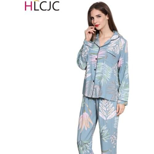 Women Long Sleeve Trousers Pajamas Turn-down Collar Viscose Print Pyjamas Femme Spring Loungewear Home Clothes 2 Piece Sleepwear