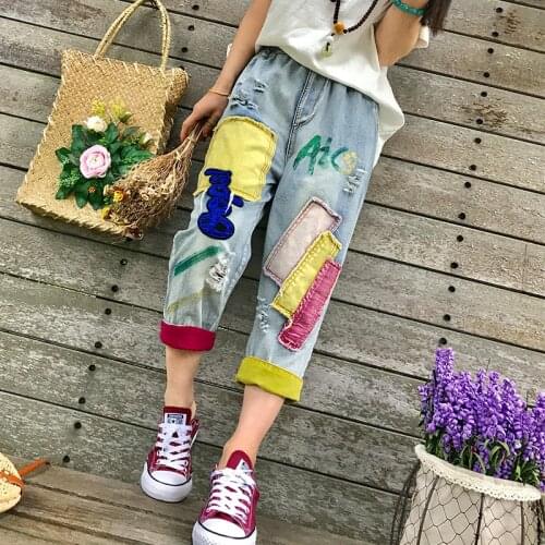 New Nice Spring Summer Womens Denim Jeans Colorful Appliques Ripped Jeans Feminino Calf-Length Capris Pants Denim Trousers NZ24