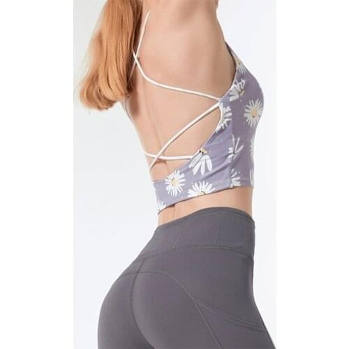 Women Halter Strappy Sports Bra Daisy Floral Print Backless Yoga Crop Tank Top Push Up Padded Seamless Camisole Bralette