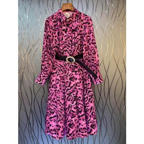 High Quality Silk Dress 2021 Autumn Style Women Sexy Wild Leopard Prints Ring Belt Deco Full Sleeve Casual Long Shirt Dress