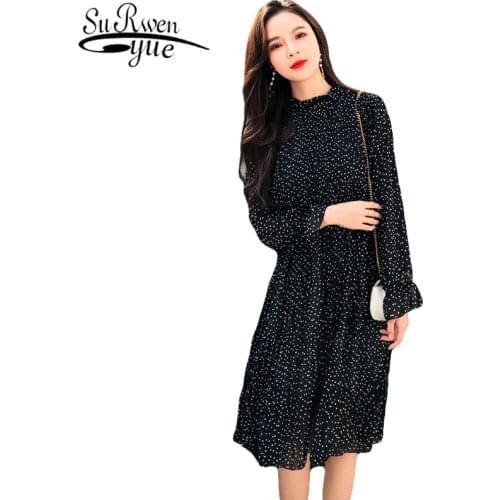 2021 New Spring Long Sleeve Women Dot Chiffon Dress Autumn Mid-calf Dress Joker Long Pleated Dresses Party Dresses 7160 50