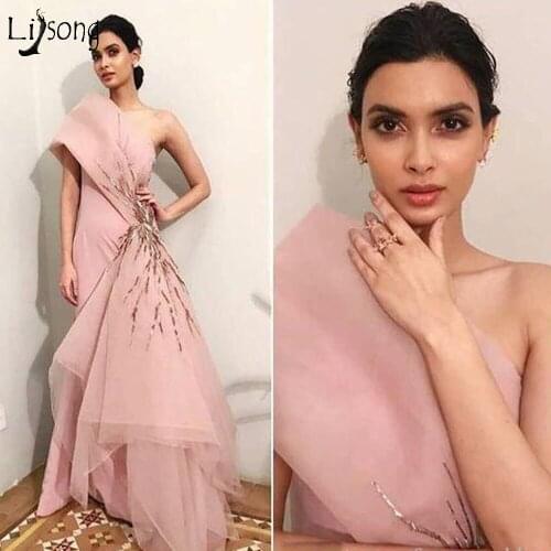 Fashion 2019 Blush Pink Mermaid Evening Dresses With Sequined Ruffles Long Prom Gowns One Shoulder Vestido Longo Abendkleider