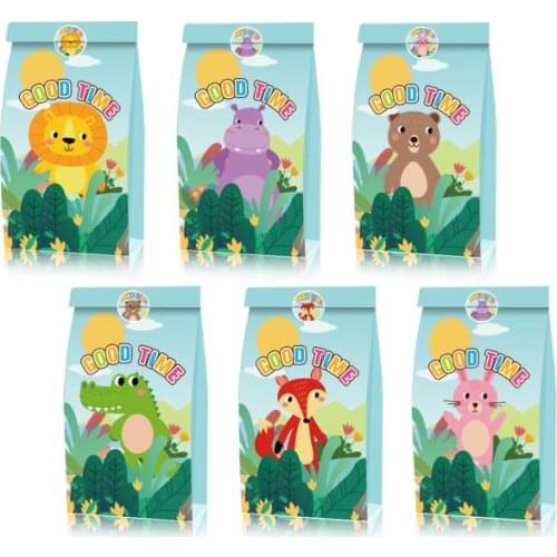 12/24pcs Cartoons Animal Paper Candy Gifts Bags Jungle Party Deco Sweet Gifts Box Kids Birthday Baby Shower Party Supplies
