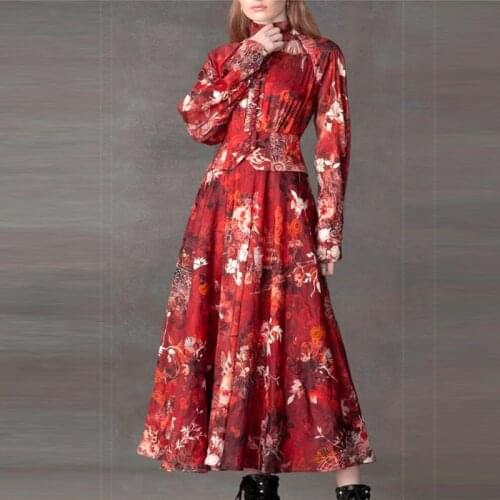 2021 Summer Designer Fashion Dress Women Lantern Sleeve Button Flower Printed Red Vintage Elegant Dresses