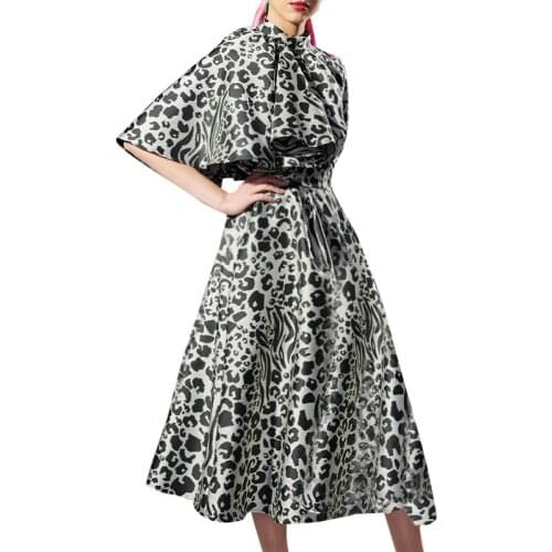 2021 Fashion Runway Dress Women Black Leopard Ruffles Patchwork Irregular Sleeve Belt Elegant Dresses