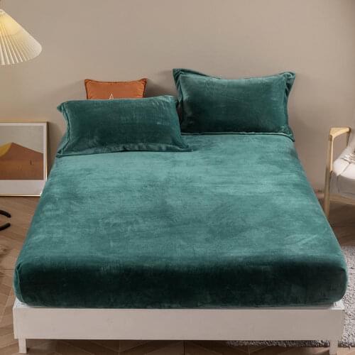 Velvet Mattress Protector Fitted Sheet Bed Cover Solid Color Warm Soft Pad Bedspread Coral Fleece Bedding