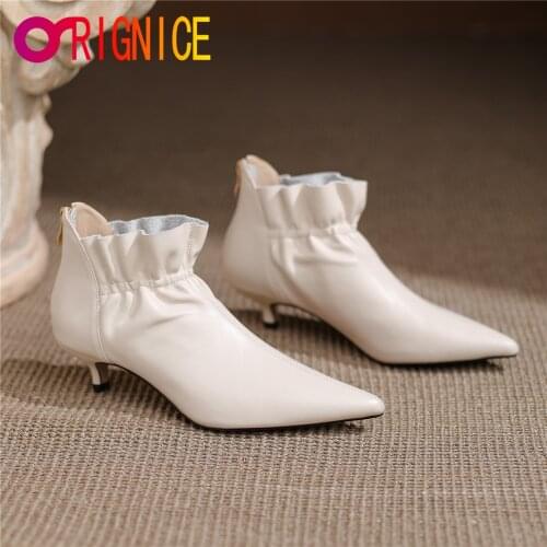 Orignice Brand Design Genuine Leather Ankle Boots Women Low Heels Female Ruffles Sexy Pointed Toe Zipper Party Dress Shoes Beige