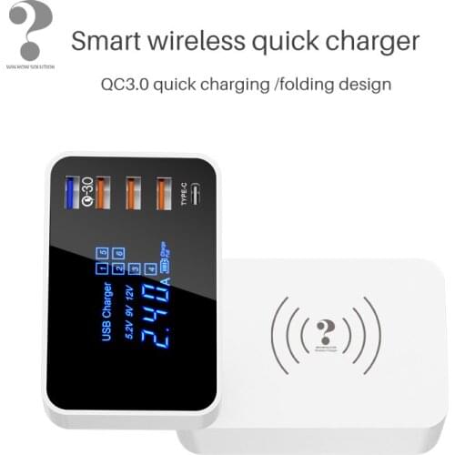 QC3.0 fast charger wireless charger 10W multi-USB port TYPE-C carregador adapter real-time display current