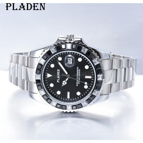PLADEN Top Brand Sports Men Wristwatch Diamond Bezel Waterproof Automatic Date Watch New Sapphire Glass Full Steel Reloj hombre