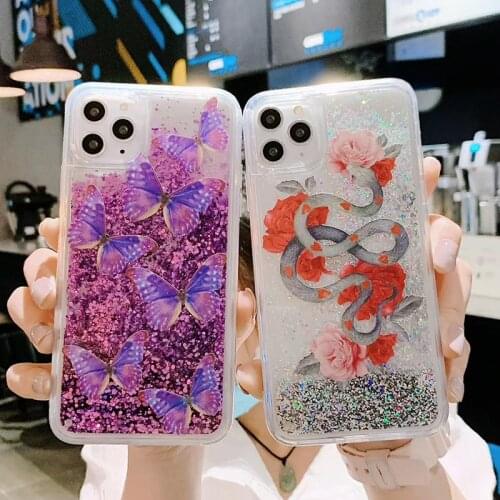 Luxury brand quicksand Butterfly snake Soft edge phone case for apple iphone 7 8 plus X XS XR MAX 11 Pro Glitter Flowers cover