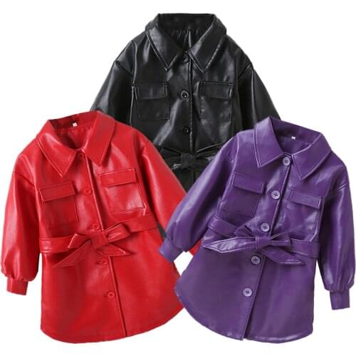 Kids Bbay Girls Solid Color Leather Jacket, Adults Tie-up Button-down Long Sleeve Lapel Outerwear with Pockets