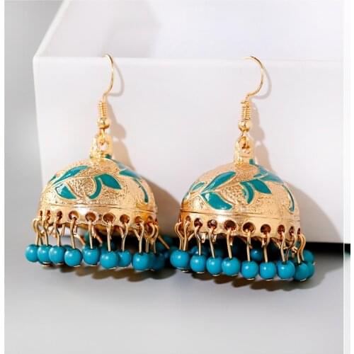 4 Color Ethnic Womens Green Beads Tassel Turkish Jhumka Earrings Vintage Leaf Indian Jewelry Gold Bell Dangling Earrings