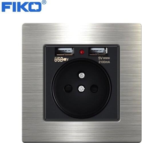 FIKO 16AFrance socket with Household rocker switch Electrical Outlet With dual usb 16A wall power socket stainless steel panel