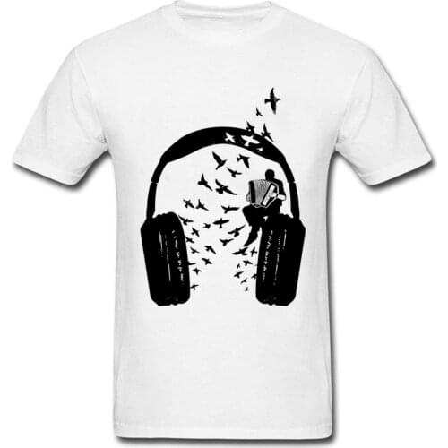 DJ Rock Headphone & Accordion Music T Shirts College Student Tshirt Men Short Sleeve Loose Natural Cotton Clothes Summer