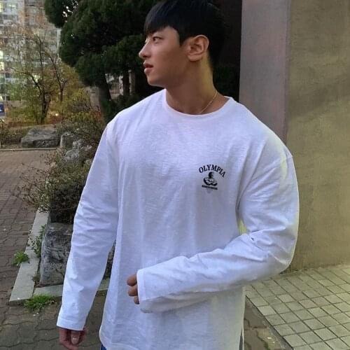 Cotton Black White Long Sleeve T Shirt Men Sport Loose Autumn New Casual Fashion T Shirt Gym Fitness Male Tops Brand Clothing