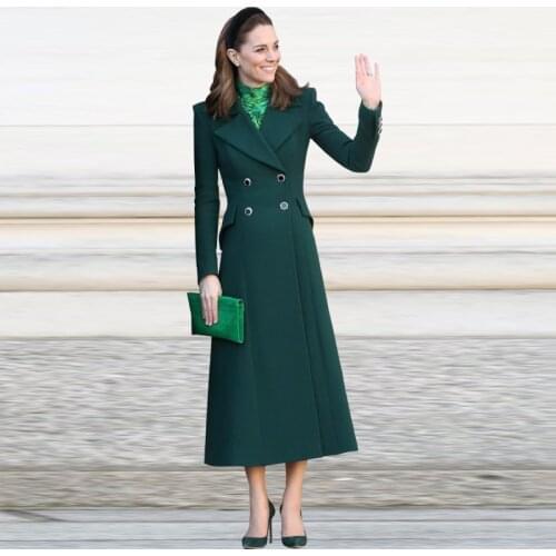 Kate Middleton Plus Size High Quality Elegant Formal Office Lady Workplace Dark Green Cashmere Woolen Overcoat