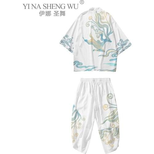 Traditional Japanese Clothing Kimono Pants Men Retro Yukata Fashion Harajuku Kimono Printing Set Beach Sunscreen Asian Clothing