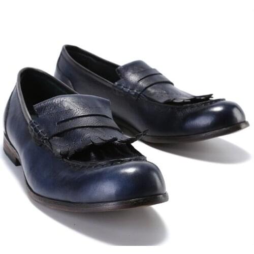 England Style Retro Loafers Tassel shoes for men Handmade Genuine Leather Mens shoes High Quality Elastie casual Men shoes