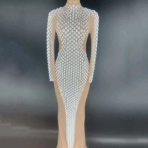 New Shining Pearls Silver Rhinestones Transparent Long Dress Women Birthday Celebrate Party Dress Bar Singer Stage Dance Costume