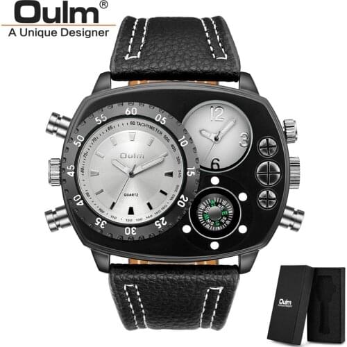 Oulm 9865 Dropshipping Luxury Brand Two Time Zone Men Wristwatches Genuine Leather Sport Watches Big Dial Male Quartz Clock