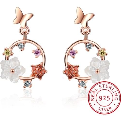 Simple Exquisite Butterfly Flower Earrings Shell Zirconia Round 925 Sterling Silver Earrings For Women oorbellen S-E777