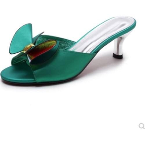 Lady‘s Cow Leather Real Material Shoes Summer Flowers Slides Green Grey High Heels Slippers Cute Plus Size 44-34 Wide Fitting