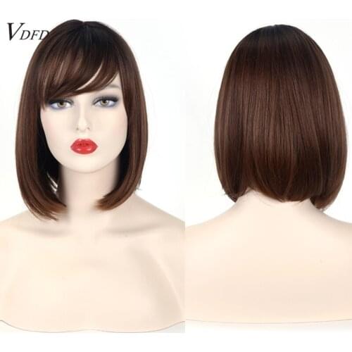VDFD Cute Light Brown Short Bob Straight Synthetic Wig with Bangs Heat Resistant Fiber for Office Lady