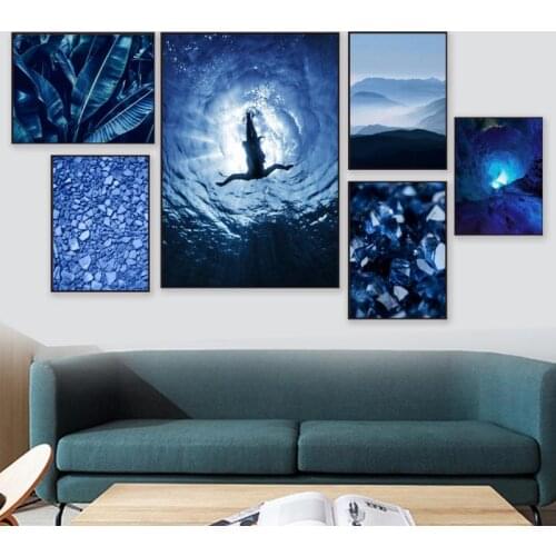 Nordic Blue Landscape Canvas Painting Leaf Crystal Stone Wall Art Posters and Prints Modern Pictures Home Decor Living Room