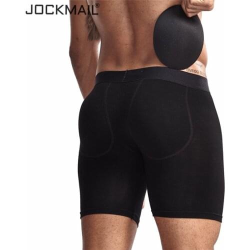 Jockmail Long Boxer Men Black Underwear Mens Butt-Enhancing Padded Trunk Removable Pad of Butt Lifter and Enlarge Package Pouch