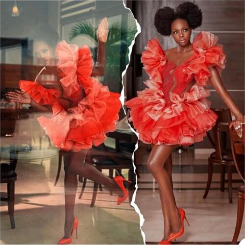 Bright Orange Sequins Evening Dress Sexy V Neck Tiered Ruffles Short Sleeve Mini Party Gowns Red Carpet Fashion Prom Formal Wear