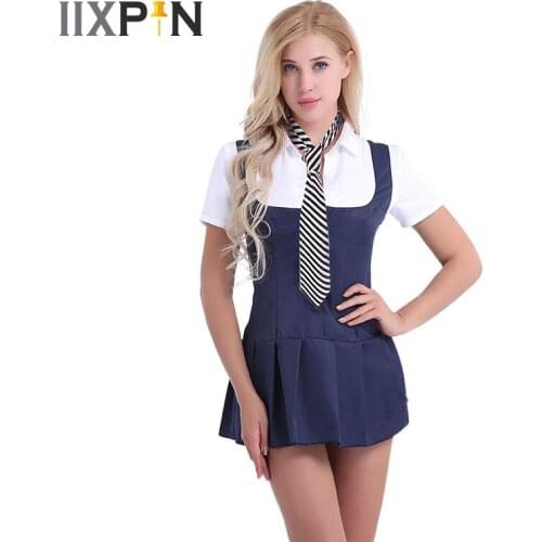 YiZYiF Women Schoolgirl Cosplay Sexy Costumes Adult Student Costume Uniform Short Sleeve Fancy Shirt Dress with Necktie Clothes