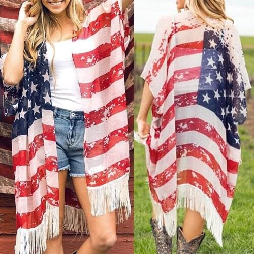 2020 Women American Flag Print Shirt Kimono Sheer Chiffon Loose Long T-shirt Three Quarter Shawl Daily Cardigan