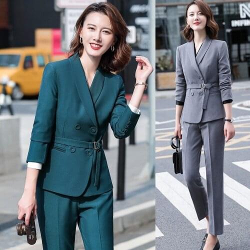 Ladies Pant Suits for Women Work Suits Blazer and Jackets Sets Business Office Uniform Style Green Grey