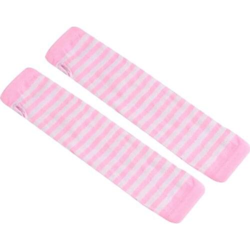 Women Girls Knitted Fingerless Long Gloves Stripes Printed Over Elbow Length Winter Stretchy Arm Warmer Sleeves with Thumb Hole