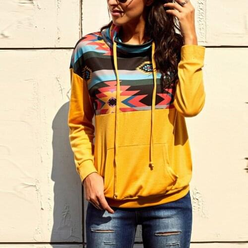 Printing drawstring pocket womens sweatshirts long sleeve 2021 autumn women patchwork causal sweatshirt office lady loose tops