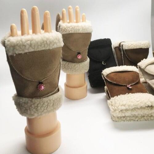 Lady Winter warm half mittens female lamb wool mouth play computer suede half mittens thick package mail