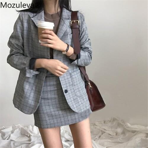 Mozuleva Korea Chic Blazer Coat Plaid Mini Skirt Suit Women Jacket Suit Office Lady Jacket High Waist Skirt 2 Piece Set Women