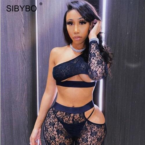 Sibybo Sheer Lace Sexy See Through Matching Sets Women 2 Piece Crop Tops And Legging Pants Suit 2021 Female Night Party Outfits