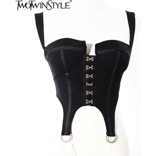 TWOTWINSTYLE Slim Black Tank Tops For Women Square Collar Sleeveless Patchwork Metal Button Sexy Vest Female Fashion New Clothes