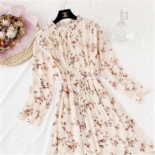 2020 Spring Summer Autumn Chiffon Print Dress Casual Cute Women floral Long Bowknot Dresses Long Sleeve Vestido S-2XL Size W86