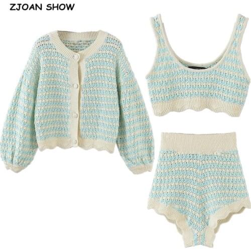 2021 Vintage Knit Set Korea Style Contrast Color Strips Knitted Cardigan Single-breasted Button Tank Top Mini Shorts 3pcs 1 Set
